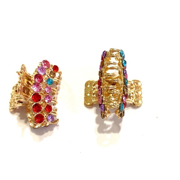 Jaw Clips Set Of 2 Gold Tone With Rainbow Rhinestones Mini Hair Claws - Picture 4 of 4